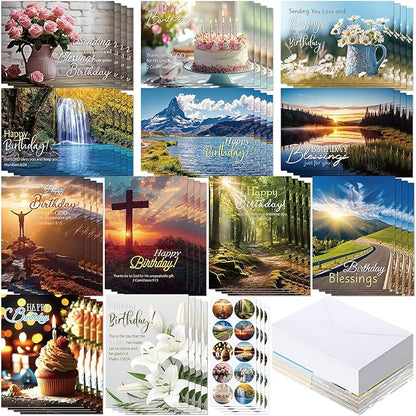 120 Pack Religious Christian Birthday Cards Bulk with Scripture Bible Verse 4.5 x 6.2 Inch Assorted Christian Blessings Greeting Cards for Birthday with Envelopes and Stickers (Scenic Style)