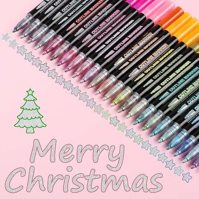 Mr. Pen- Double Line Outline Markers, 24 Colors, Shimmer Markers Outline Double Line, Metallic Outline Markers Self-Outline Metallic Markers, Outline Pens, Outline Marker, Outline Markers for Drawing