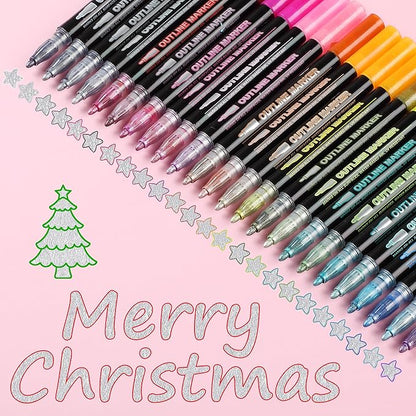 Mr. Pen- Double Line Outline Markers, 24 Colors, Shimmer Markers Outline Double Line, Metallic Outline Markers Self-Outline Metallic Markers, Outline Pens, Outline Marker, Outline Markers for Drawing