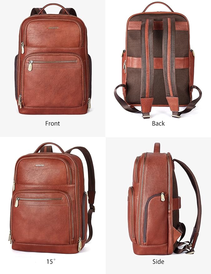 BOSTANTEN Leather Backpacks College 15.6” Laptop Travel Computer Shoulder Backpack For Men Coffeebrown