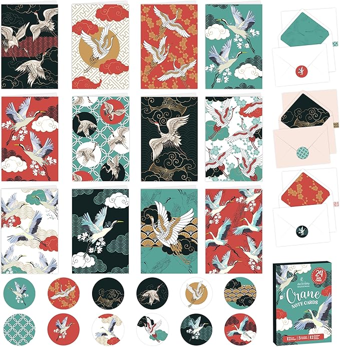 Decorably 24 Pack 4x6in Crane Note Cards with Envelopes and Stickers, 12 Adorable Designs Crane Notecards Envelopes Set, Blank Inside - Baby Shower, Kid's Party, Birthday