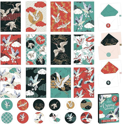 Decorably 24 Pack 4x6in Crane Note Cards with Envelopes and Stickers, 12 Adorable Designs Crane Notecards Envelopes Set, Blank Inside - Baby Shower, Kid's Party, Birthday