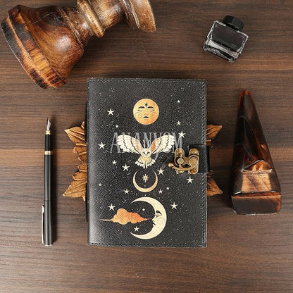 Handmade Leather Journal, Black, Sun & Moon Design, 8 x 6 Inch, 200 Unruled Pages, Hand Embossed, White Paper, Brass Clasp Lock, Vintage Notebook Diary, Sketchbook for Artists & Writers