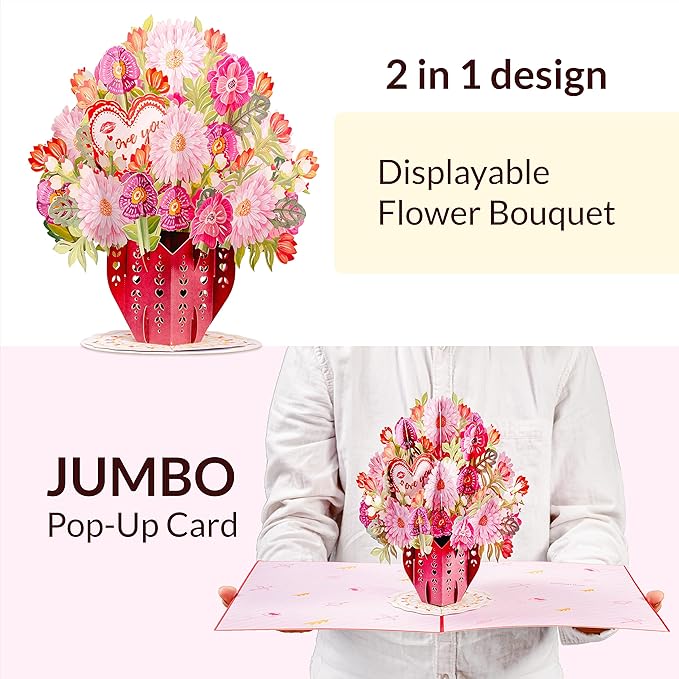 Paper Love HugePop 3D Love You Bouquet Pop Up Card, with Detachable Paper Flower Bouquet, Gift for Birthday, Anniversary, Wedding, All Occasion - Jumbo 10" x 14" Cards - Includes Envelope and Note
