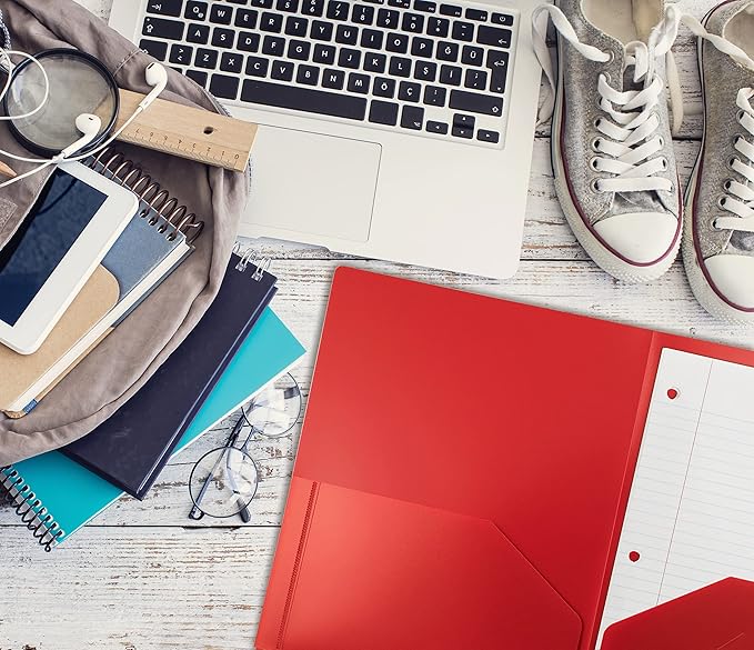 Better Office Products Heavyweight Plastic 2 Pocket Portfolio Folder, Letter Size Poly Folders 24 Pack (Red)