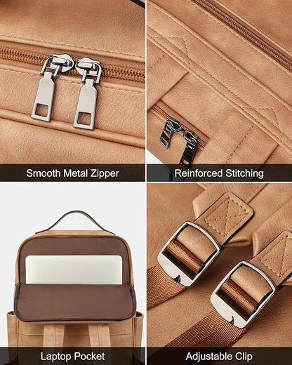 MASINTOR 15.6 inch PU Leather Laptop Backpack Purse for Women, Large College Casual Backpack Travel Bag Retro Camel