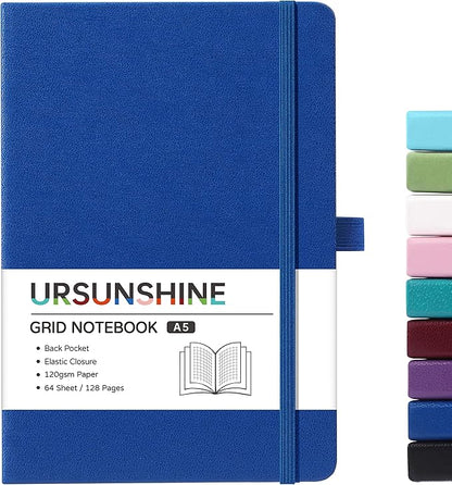 Graph Grid Paper Notebook/Journal - Classic Journal/Notebook with Ribbon Divider, Hardcover with Thick Paper, 5.3" x 8.26", Banded + Pen Holder +Inner Pocket - Deep Blue