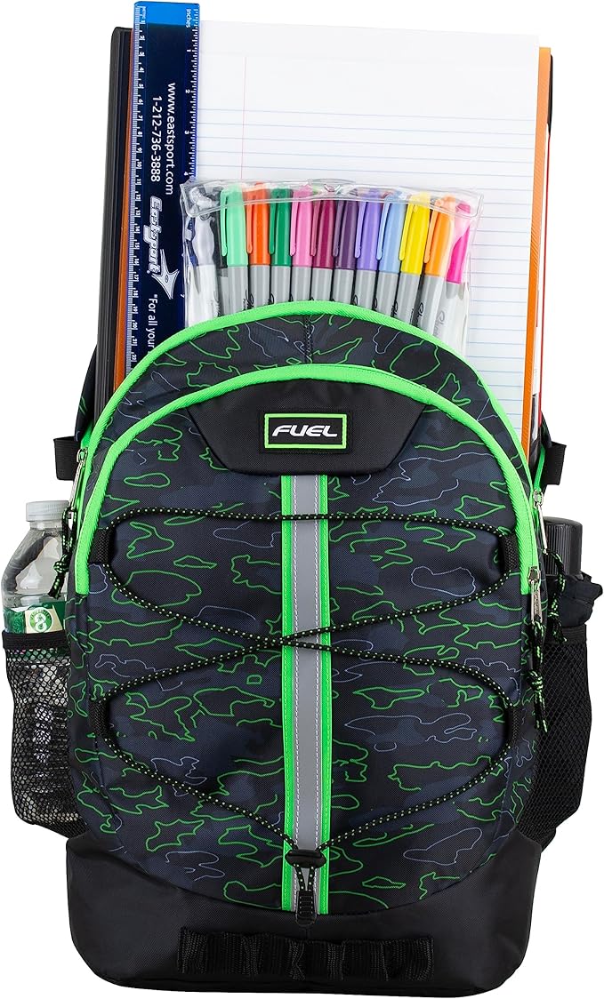 FUEL Hiking Backpack for Women Men Terra Sport, Travel, College, Gym, Work with Laptop Sleeve, Bungee, 18 Inches, Neon Outline Camo