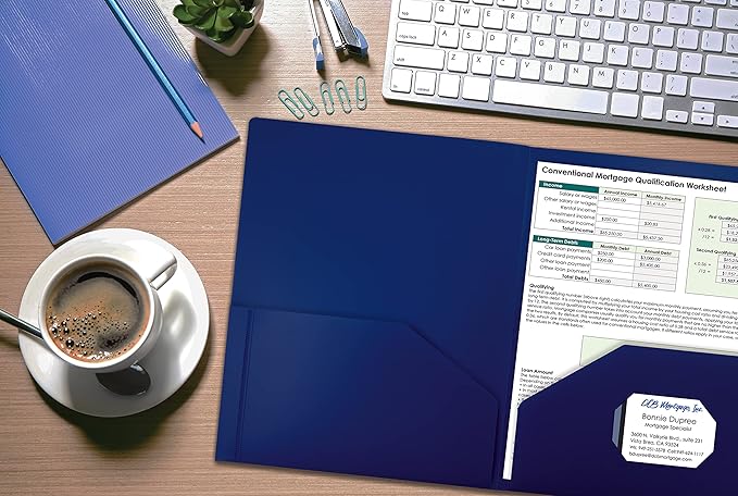 Better Office Products Heavyweight Plastic 2 Pocket Portfolio Folder, Letter Size Poly Folders 24 Pack (Blue)