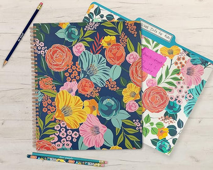 Steel Mill & Co Cute Large Spiral Notebook College Ruled, 11" x 9.5" with Durable Hardcover and 160 Lined Pages, Garden Blooms (Navy)
