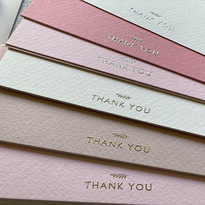 RUN2PRINT (36 Pack Thank You Cards With Envelopes & Foil Stickers - Elegant Dusty Pink Emboss Gold Foil Pressed - Blank Notes Wedding, Bridal, Baby Shower, Business and Formal All Occasion Cards
