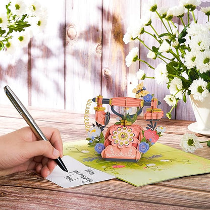 Vintage Phone Pop Up Card, Flowers, 3D Greeting Cards, Gifts for Birthday, Mothers Day, Anniversary, Mom, Wife, Women, 5x7 - Includes Envelope And Message Note