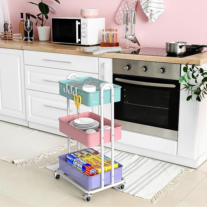 Simple Houseware Heavy Duty 3-Tier Metal Utility Rolling Cart, Multicolor