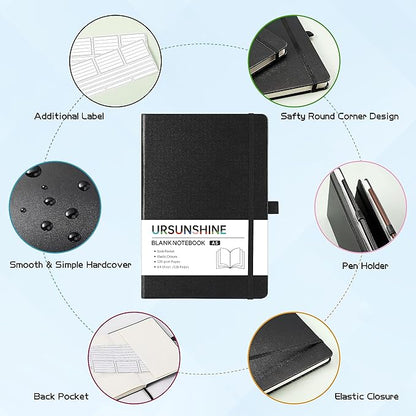 Blank Journal/Notebook - Classic Notebook/Journal with Ribbon Divider, Hardcover with Thick Paper, 5.7" x 8.4", Banded + Pen Holder +Inner Pocket - Black