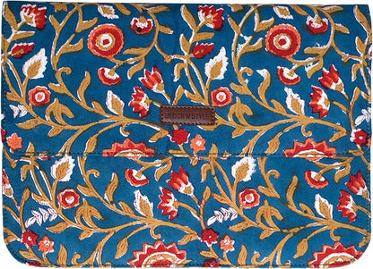 Cotton Hand Block Print Laptop Sleeve Case Bag Compatible with MacBook Air/Pro, 13-13.3 inch Water-Resistant Notebook, Travel Carrying Case Bag Protective Portable Computer Bag, Blue 2