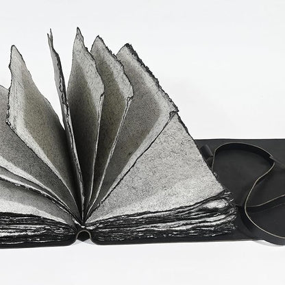 Vintage Black Leather Journal - 200 Pages Gray Deckle Edge Rustic Paper, Unlined Pages Book of Shadows, Grimoire, Junk Notebook, Fantasy Medieval Gifts, Sketchbook, Scrapbook (Raven Black, 12"x9")