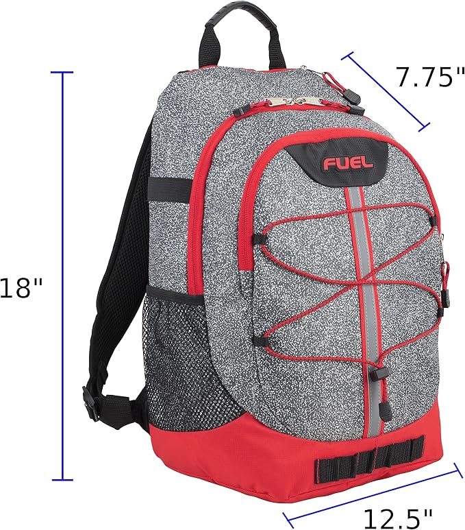 FUEL Hiking Backpack for Women Men Terra Sport, Travel, College, Gym, Work with Laptop Sleeve, Bungee, 18 Inches, Grey Static Dots