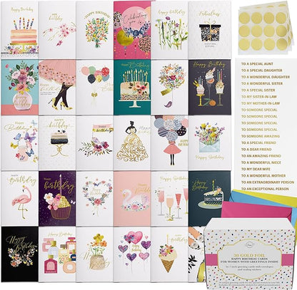 Dessie 30 Unique Gold Foil Birthday Cards for Women with Envelopes, Sealing Stickers and Personalized Gold Foil Lettering. Birthday Cards for Her