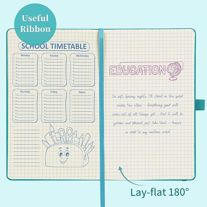 Graph Grid Paper Notebook/Journal - Classic Journal/Notebook with Ribbon Divider, Hardcover with Thick Paper, 5.3" x 8.26", Banded + Pen Holder +Inner Pocket - Cyan