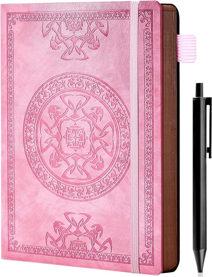 CAGIE Leather Journals for Writing Hardcover Journal for Men with Pen, 290 Pages Lined Journaling Notebooks for Work Pink Leather Vintage Journal Notebook, 6.1" x 8.5"