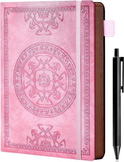 CAGIE Leather Journals for Writing Hardcover Journal for Men with Pen, 290 Pages Lined Journaling Notebooks for Work Pink Leather Vintage Journal Notebook, 6.1" x 8.5"
