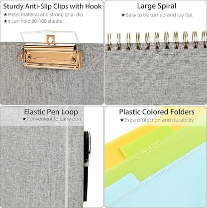Ospelelf Foldable Spiral Clipboard Folio with Storage Zipper Pouch, 5 Plastic Folders with 10 Pockets,Refillable Lined Notepad (11" x 8.5"), Hardcover Project Organizer with 39 Stickers (Grey)