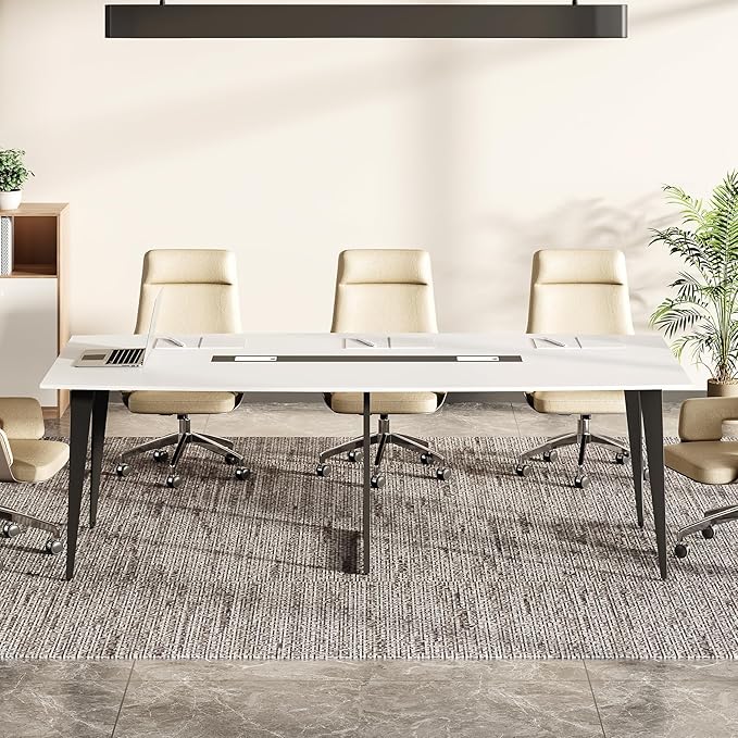 LITTLE TREE 8FT Conference Room Table, 94.48L x 47.21W x 29.52H Boat Shaped Meeting Table, White&Black