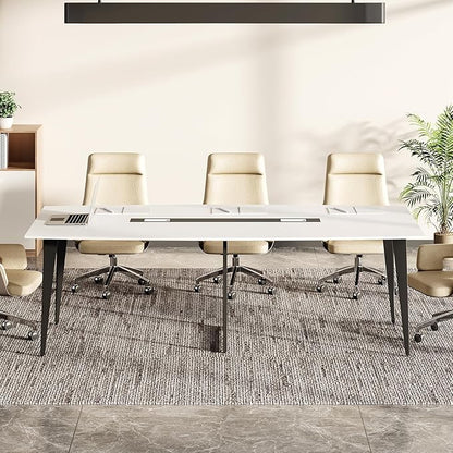 LITTLE TREE 8FT Conference Room Table, 94.48L x 47.21W x 29.52H Boat Shaped Meeting Table, White&Black