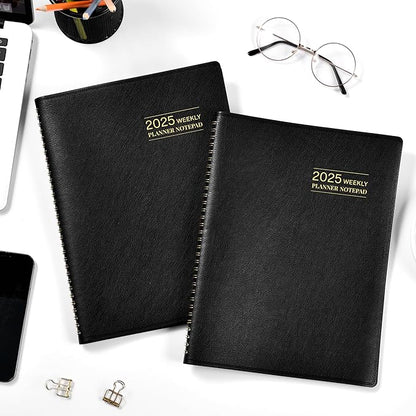 2025 Planner - Weekly & Monthly Planner Notepad 2025, 11.38'' x 8.74'', JAN. 2025 - DEC. 2025, Appointment Book, 60 Minutes Intervals, Tabs, Faux Leather Cover, Spiral Bound, Back Pocket - Black