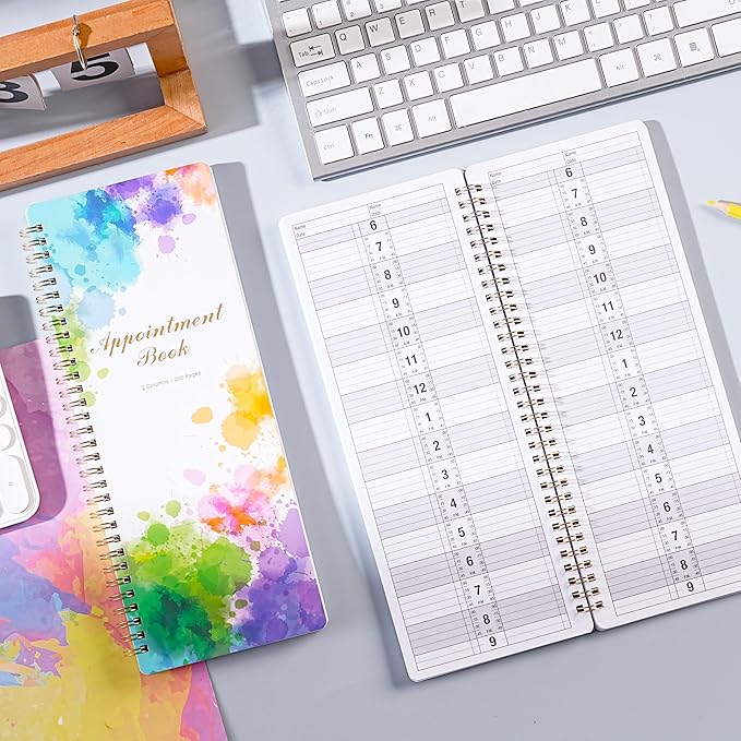 Appointment Book - Salon Appointment Book, 11.5" x 4.7", Hourly Planner, 2 Columns, Undated, 6 AM - 9 PM, Spiral Bound, 200 Pages, Colorful