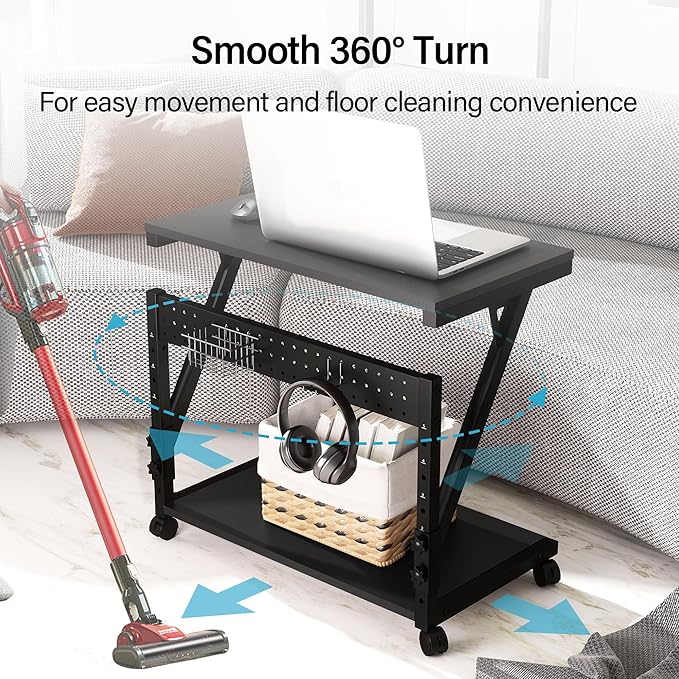 Computer Tower Cart - Height Adjustable PC Stand, 2-Tier ATX-Case CPU Holder Home Office Gaming Desk Accessories with Rolling Lockable Wheels, Laptop Table Standing Computer Desk, Rustic Black