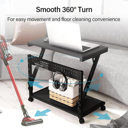 Computer Tower Cart - Height Adjustable PC Stand, 2-Tier ATX-Case CPU Holder Home Office Gaming Desk Accessories with Rolling Lockable Wheels, Laptop Table Standing Computer Desk, Rustic Black