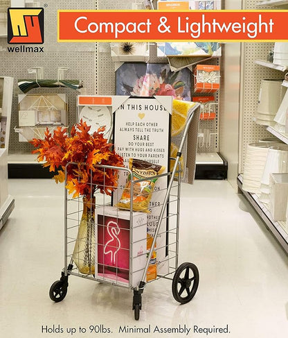 Wellmax Grocery Shopping Cart with Adjustable Handle and Swivel Wheels, Heavy Duty Foldable and Collapsible Utility Cart