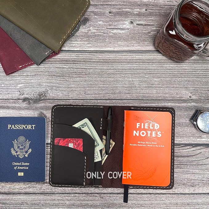 Thot Ra Leather Cover for Field Notes, Passport Cover, Leather Notebook Cover for 3.5" x 5.5" with Pen Holder, Only Cover (Dark Brown)