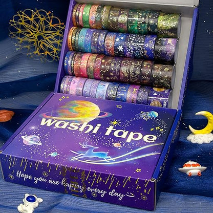 52 Rolls Washi Tape Set, Gold Foil Galaxy Washi Tape for Journaling Supplies, 4 Size Washi Tapes for Scrapbooking, DIY Journal Set, Craft, Gift Wrapping, Painting