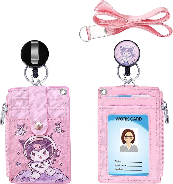 Cute ID Badge Holder Retractable Lanyard Reel Clip with Heavy Duty Carabiner,5 Card Slots in 2 Sided with Key Ring and Zipper for Students Teens BoysGirls Office Staff Women (Purple Kuro)