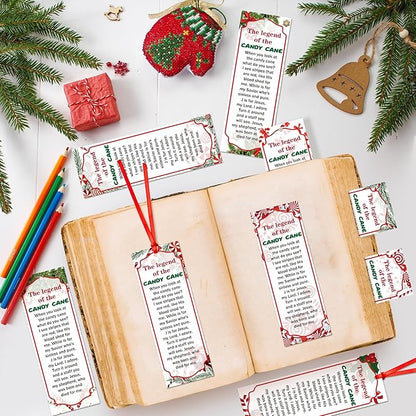 Haooryx 120pcs Christmas Theme Bookmarks, The Legend of The Candy Cane Bookmark with Red Ribbons, Candy Cane J is for Jesus Religious Bookmark Party Favor for Sunday School Supply Students Rewards