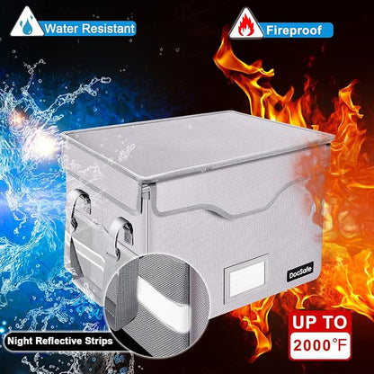 DocSafe File Box Fireproof Document Box with Lock, File Storage Organizer Box with Pockets,Collapsible Portable File Box Home Office File Cabinet with Handle for Hanging Letter/Legal Folder,Silver