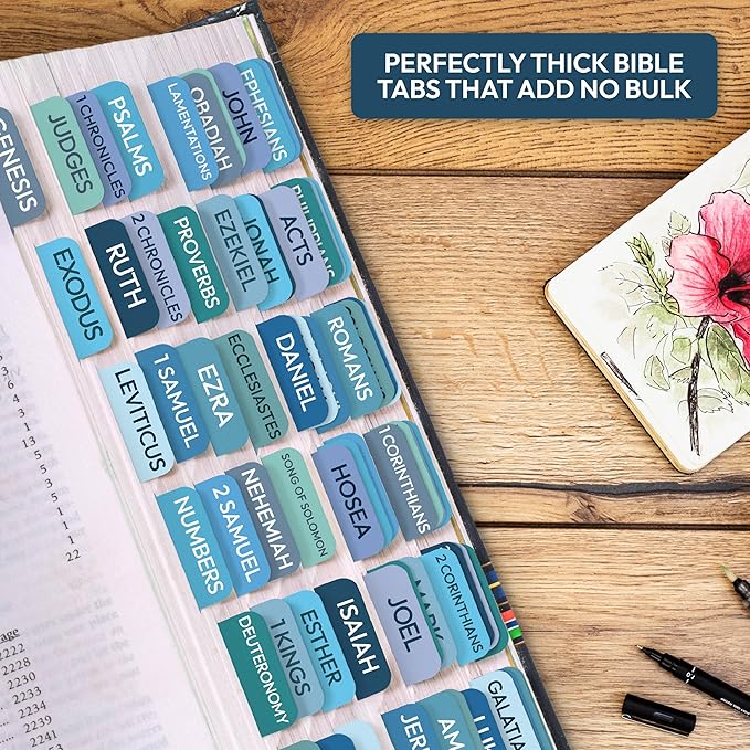 Bible Tabs for Women, Men, Kids, 90 Large Print Bible Index Tabs for Study Bible, Laminated Easy-to-Read Label, Christian Gift for Church, Blue
