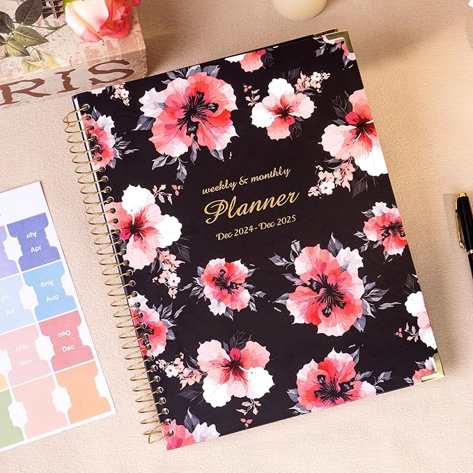 Yoment 2025 Planner Weekly and Monthly 8.5"x11" Hardcover 2025 Planner Dec 2024-Dec 2025 with 13 Month Tabs，Spiral Bound 2025 Calendar Monthly Planner for Women with Stickers Yearly Agenda，Black