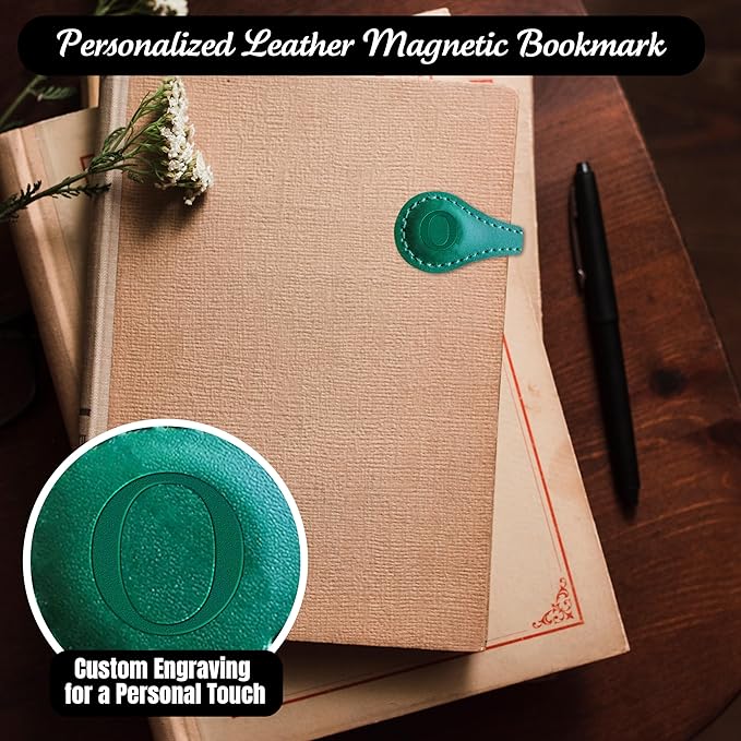 Personalized Leather Magnetic Bookmarks (1 Pack) Vintage Custom Engraved Initial ID Identification Book Marker Clip Gift for Book Lover Avid Readers (Letter O, Green)