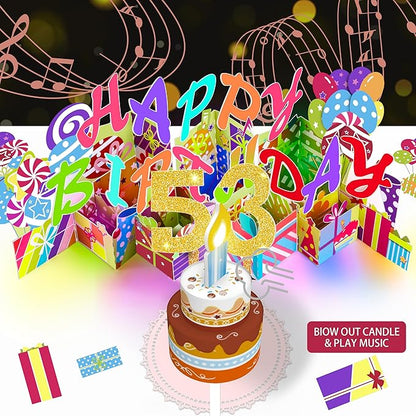 Gumry 53RD Musical Birthday PopUp Card, Blowable Colorful Light Candle 3D Cards with Song, Applause Cheers Sound, Greeting Cards Birthday Gifts Decorations for Women Men Turning 53 Years Old