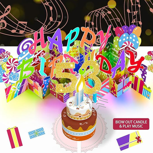Gumry 53RD Musical Birthday PopUp Card, Blowable Colorful Light Candle 3D Cards with Song, Applause Cheers Sound, Greeting Cards Birthday Gifts Decorations for Women Men Turning 53 Years Old
