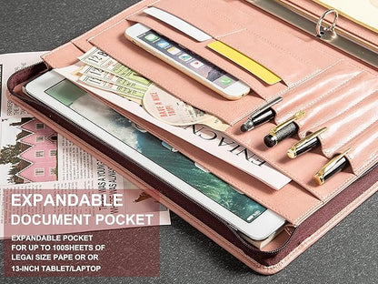 Free Engraved Name, Customized Pink Binder Portfolio, 3 Ring Binder Padfolio, Business Organizer Folio with Zipper, A4 Letter Sized Clipboard Portfolio, Gift for for Women/Girls, Pink