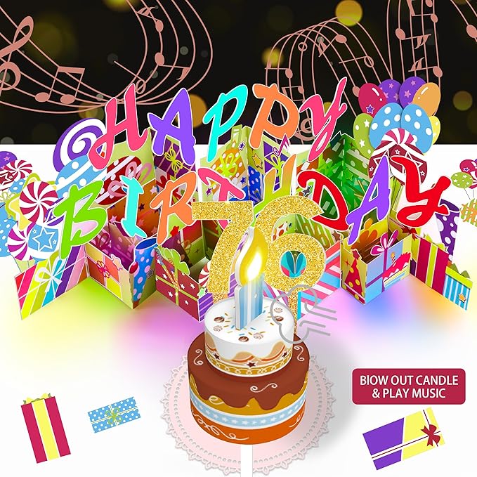 Gumry 76TH Musical Birthday PopUp Card, Blowable Colorful Light Candle 3D Cards with Song, Applause Cheers Sound, Greeting Cards Birthday Gifts Decorations for Women Men Turning 76 Years Old