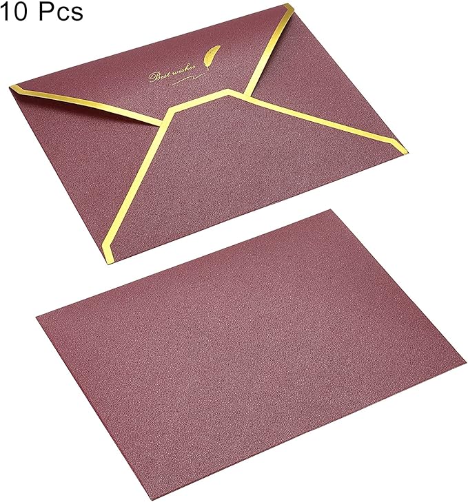 PATIKIL V Flap Envelopes, 10 Pack 7 x 5'' Luxury Style Gold Border Greeting Card Envelope for Invitations Weddings, Wine Red
