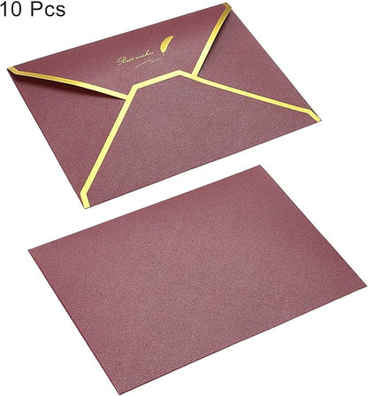 PATIKIL V Flap Envelopes, 10 Pack 7 x 5'' Luxury Style Gold Border Greeting Card Envelope for Invitations Weddings, Wine Red