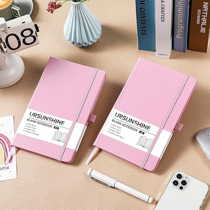 Blank Journal/Notebook - Classic Notebook/Journal with Ribbon Divider, Hardcover with Thick Paper, 5.3'' x 8.26'', Banded + Pen Holder +Inner Pocket - Pink