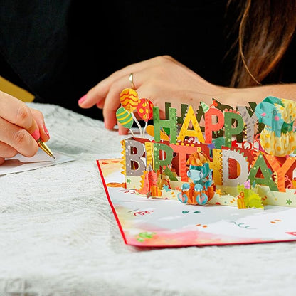 Paper Love Happy Birthday Pop Up Card, Dinosaurs, For Adults and Kids - 5"x7" Cover - Includes Envelope and Note Tag