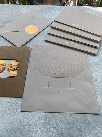 RUN2PRINT (36 Pack) Thank You Cards With Envelopes & Gift of 36 Foiled Stickers - Elegant Emboss Rose Gold Foil Pressed Blank Notes Wedding All Occasion Cards (Beige)